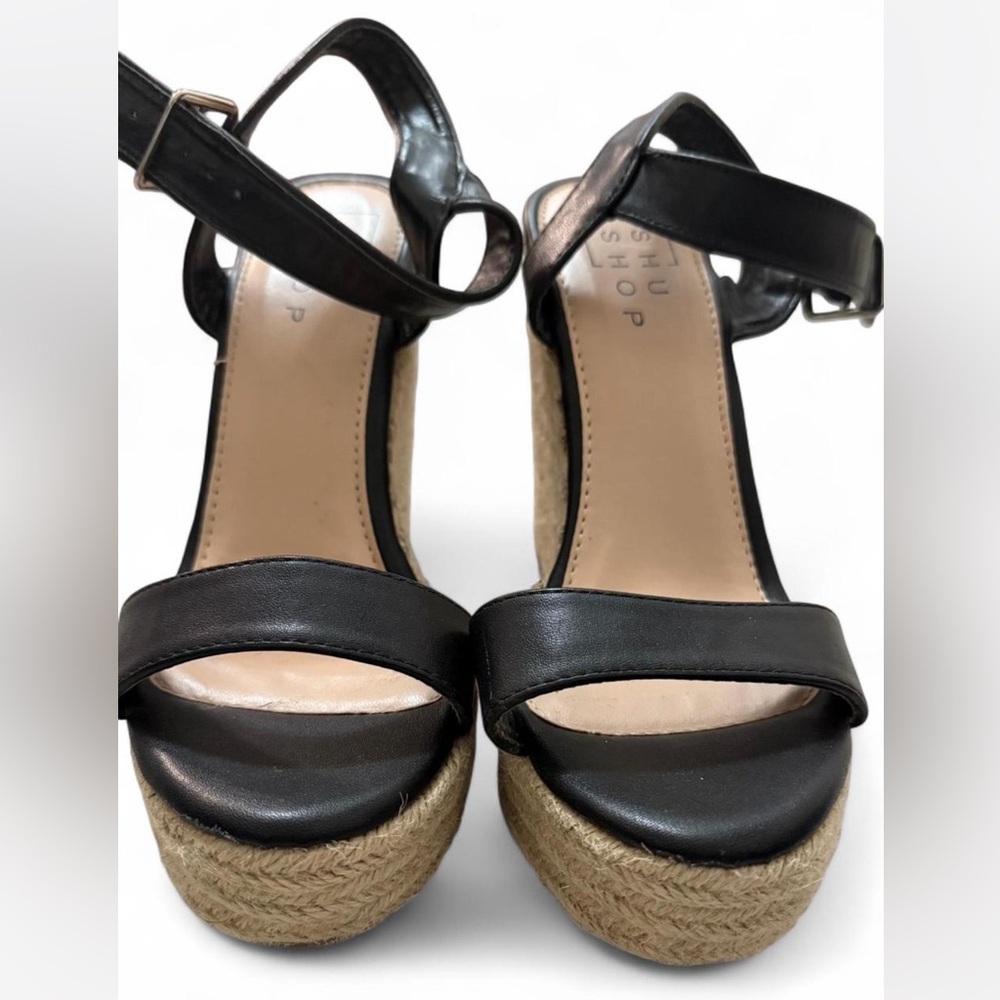 Topshop Black Leather Wedges with Tan Espadrille